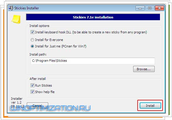 Установка программы Stickies